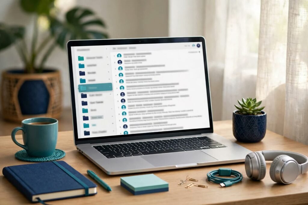Freelancer's tidy desk with a laptop showing an overflowing email inbox being organized into neat labeled folders, morning light and calm control in navy and teal tones