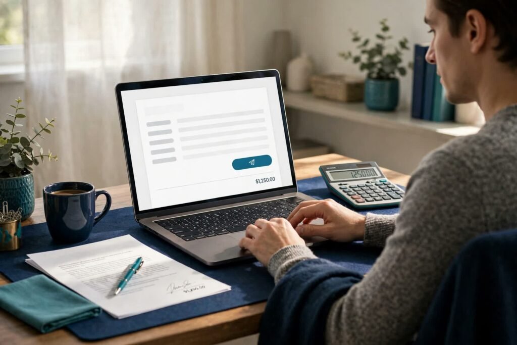 Freelancer sending a polished invoice from a laptop at a tidy home office desk, invoice preview with a total and send button, calculator and signed contract nearby in navy and teal tones