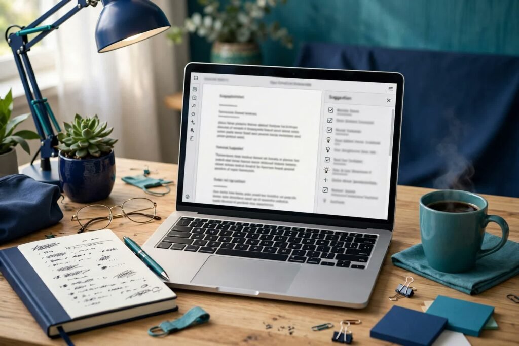 Blogger's writing desk with a laptop showing a long article draft with headings, a notebook of headline ideas, glasses and coffee in navy and teal tones
