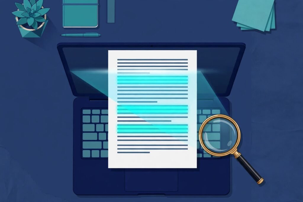 Laptop on a tidy desk showing a written document being scanned by a beam of light with highlighted passages, a magnifying glass beside the keyboard, in navy and teal tones