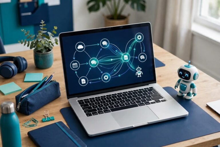 Automation workflow canvas on a laptop screen connecting app nodes with flowing paths, at a tidy desk in navy and teal tones