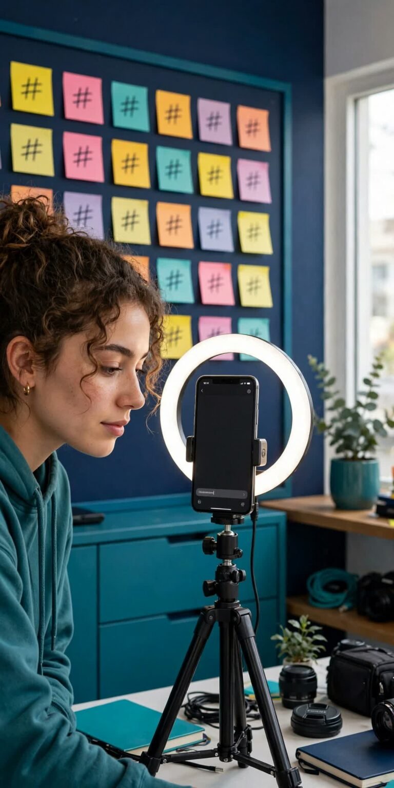Creator filming a vertical phone video on a tripod while a caption is written on the phone screen, ring light and hashtag sticky notes nearby in navy and teal tones