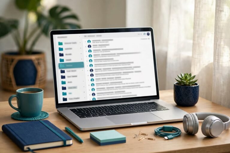Freelancer's tidy desk with a laptop showing an overflowing email inbox being organized into neat labeled folders, morning light and calm control in navy and teal tones
