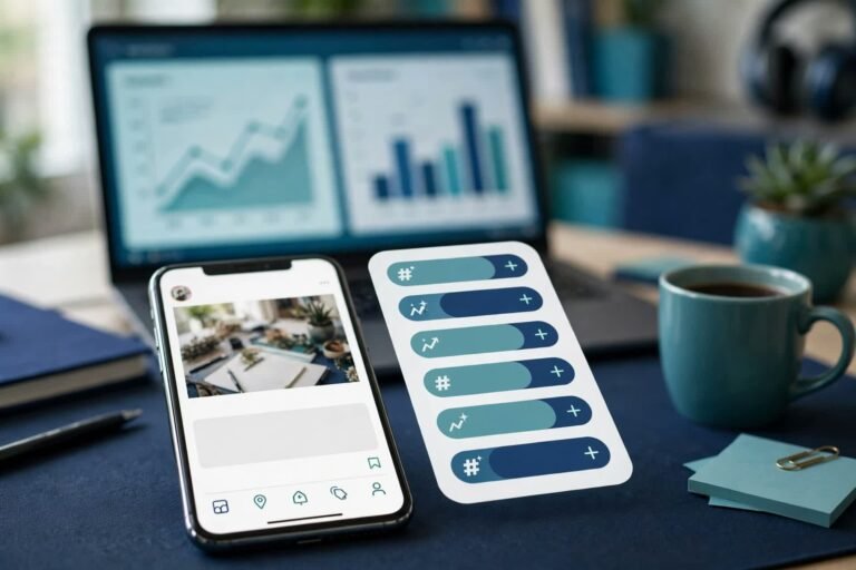 Creator's phone showing an Instagram post draft with hashtag suggestions beside it, reach charts on a laptop in the background in navy and teal tones