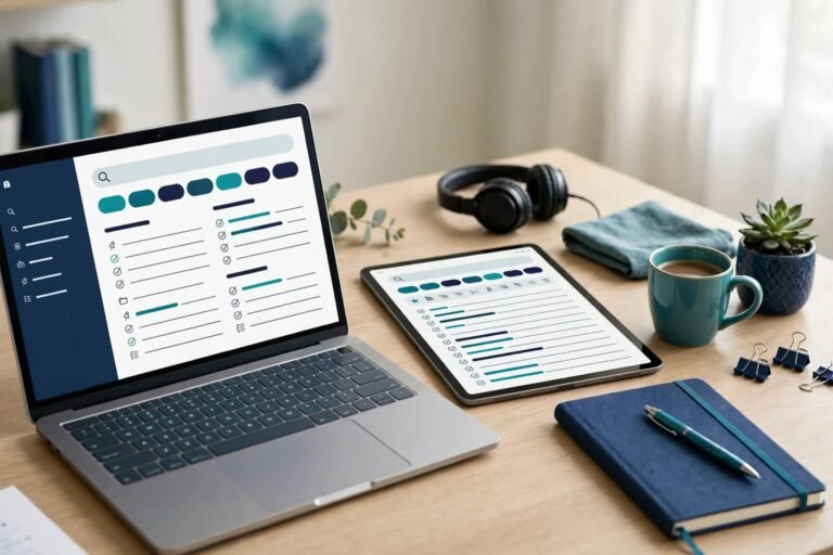 Organized desk with a laptop and tablet showing a note-taking app with structured notes and tags, paper notebook and pen beside them in navy and teal tones