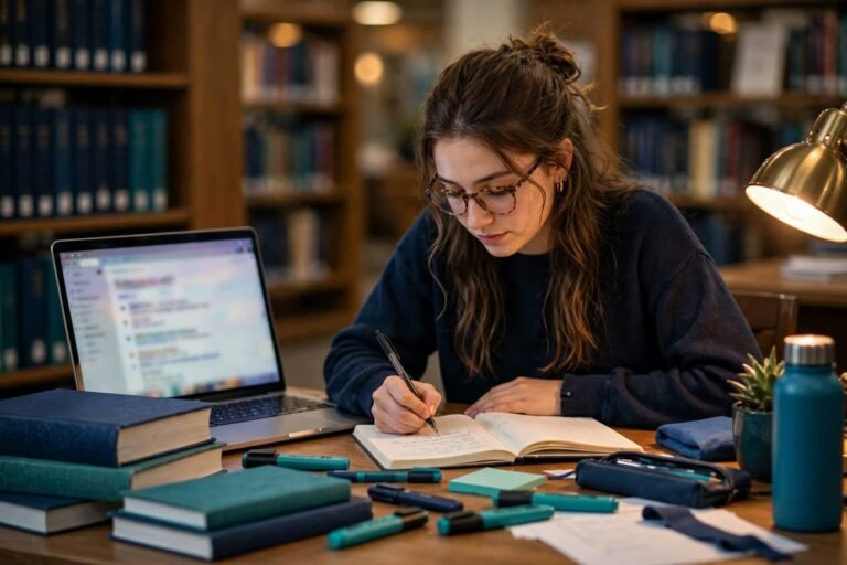 Student at a library desk rewriting notes in their own words, laptop showing a paragraph with paraphrase suggestions, textbooks and highlighters around in navy and teal tones