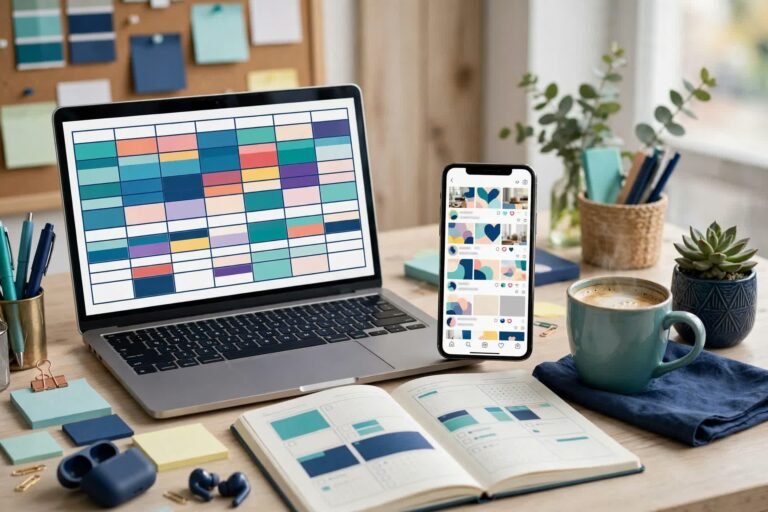 Small business social media planning desk with a laptop showing a weekly content calendar of scheduled posts, a phone with social feeds beside it, coffee and planner in navy and teal tones