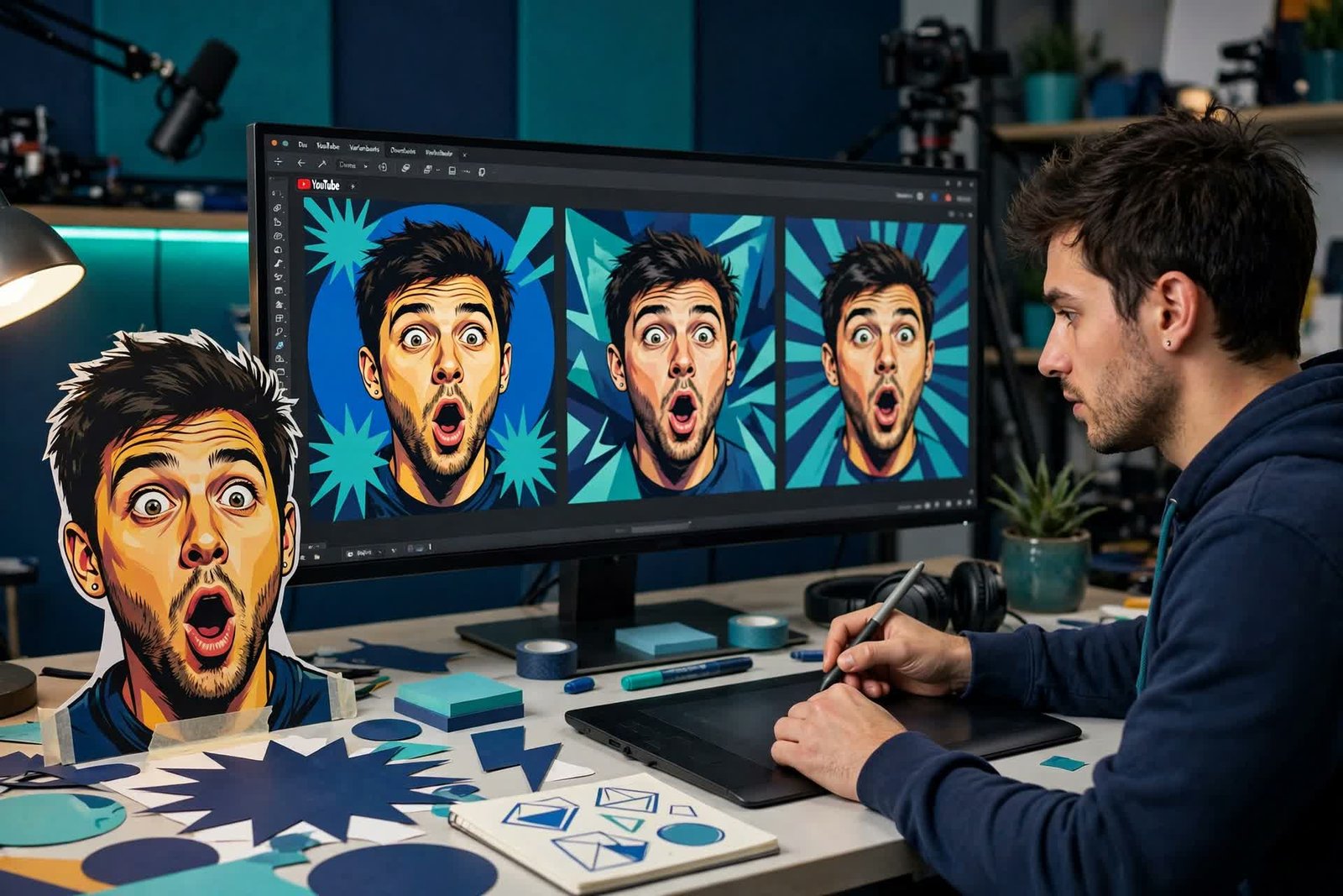YouTube creator designing an eye-catching video thumbnail on a large monitor, bold composition with an expressive face cutout and graphic shapes, several thumbnail variants in a row in navy and teal tones