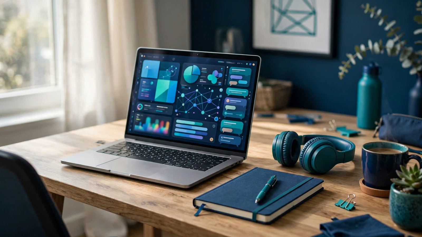 Freelancer desk with a laptop showing AI dashboards, headphones, notebook and coffee in navy and teal tones