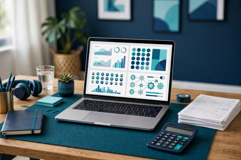 Small business desk with a laptop showing app dashboards for writing, design, meetings and automation, a calculator and subscription invoices in navy and teal tones