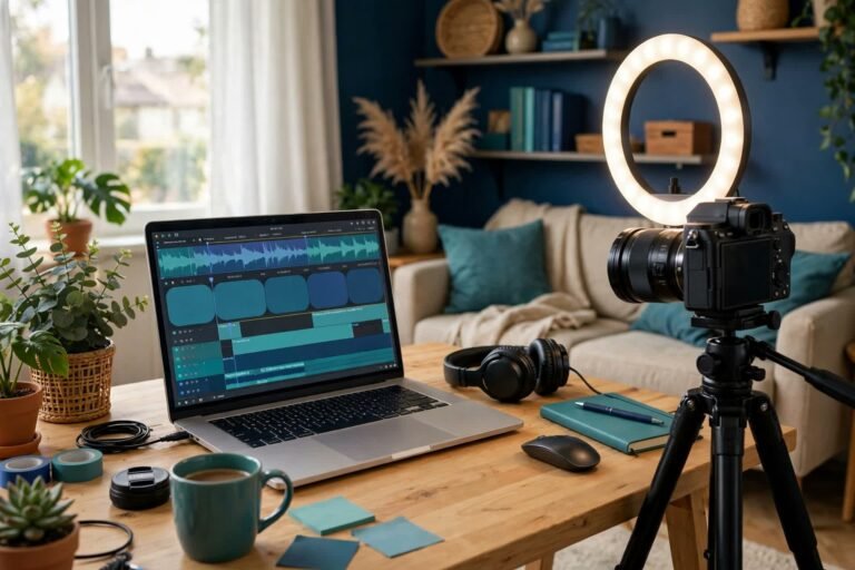 Beginner YouTube creator setup with a camera on a tripod, ring light and a laptop showing a video editing timeline in navy and teal tones