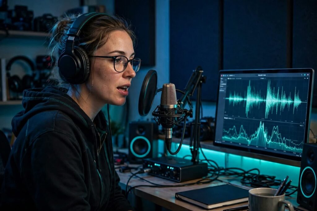 Creator cloning their own voice at a home studio, reading a script into a professional microphone while their voice waveform is analyzed on screen in navy and teal tones