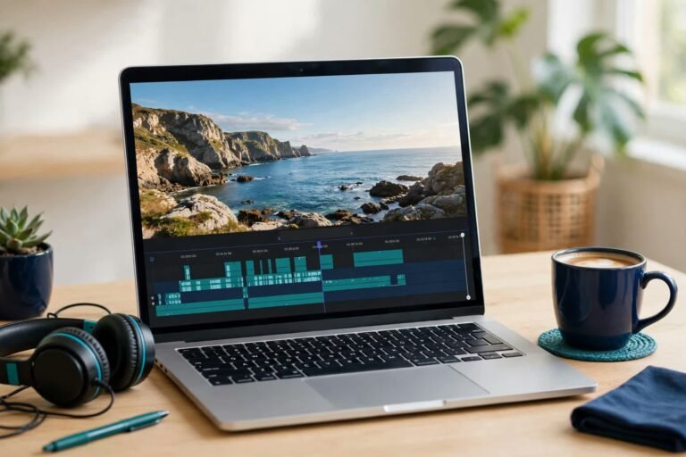 Laptop playing a finished edited video with a clean watermark-free preview, editing timeline below, coffee and headphones nearby in navy and teal tones