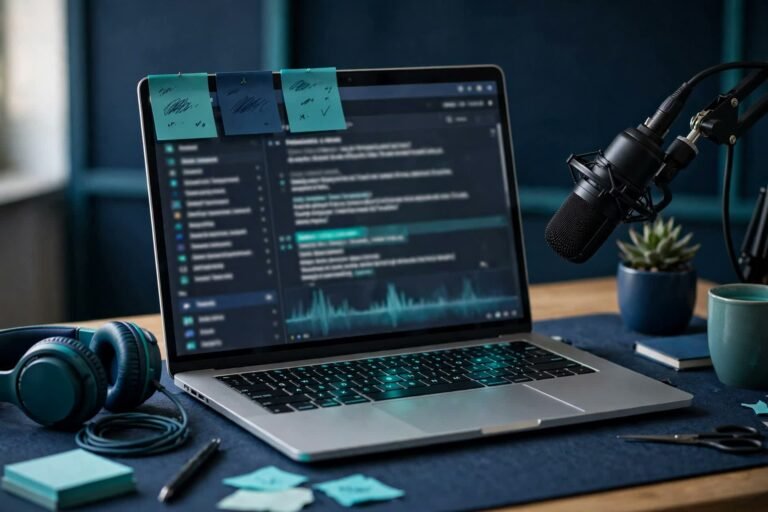 Podcast editor's desk with a laptop showing a video transcript being edited like a text document, microphone and headphones beside it in navy and teal tones