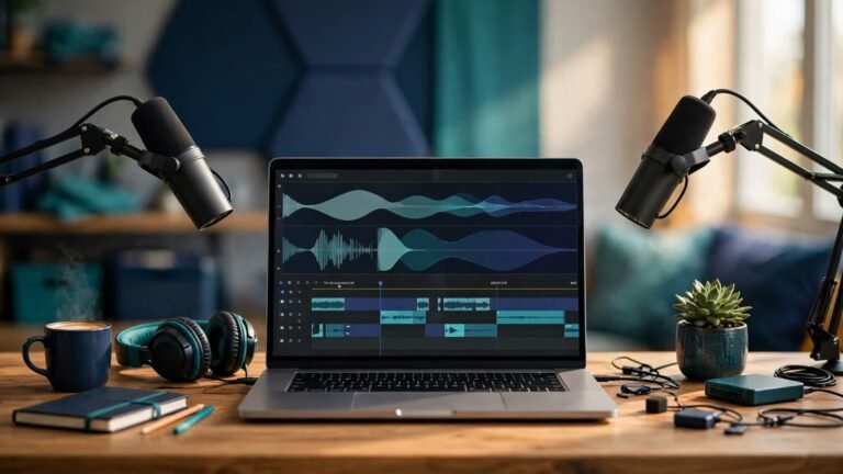 Podcast desk with two boom-arm microphones, headphones and a laptop showing an audio editing timeline in navy and teal tones