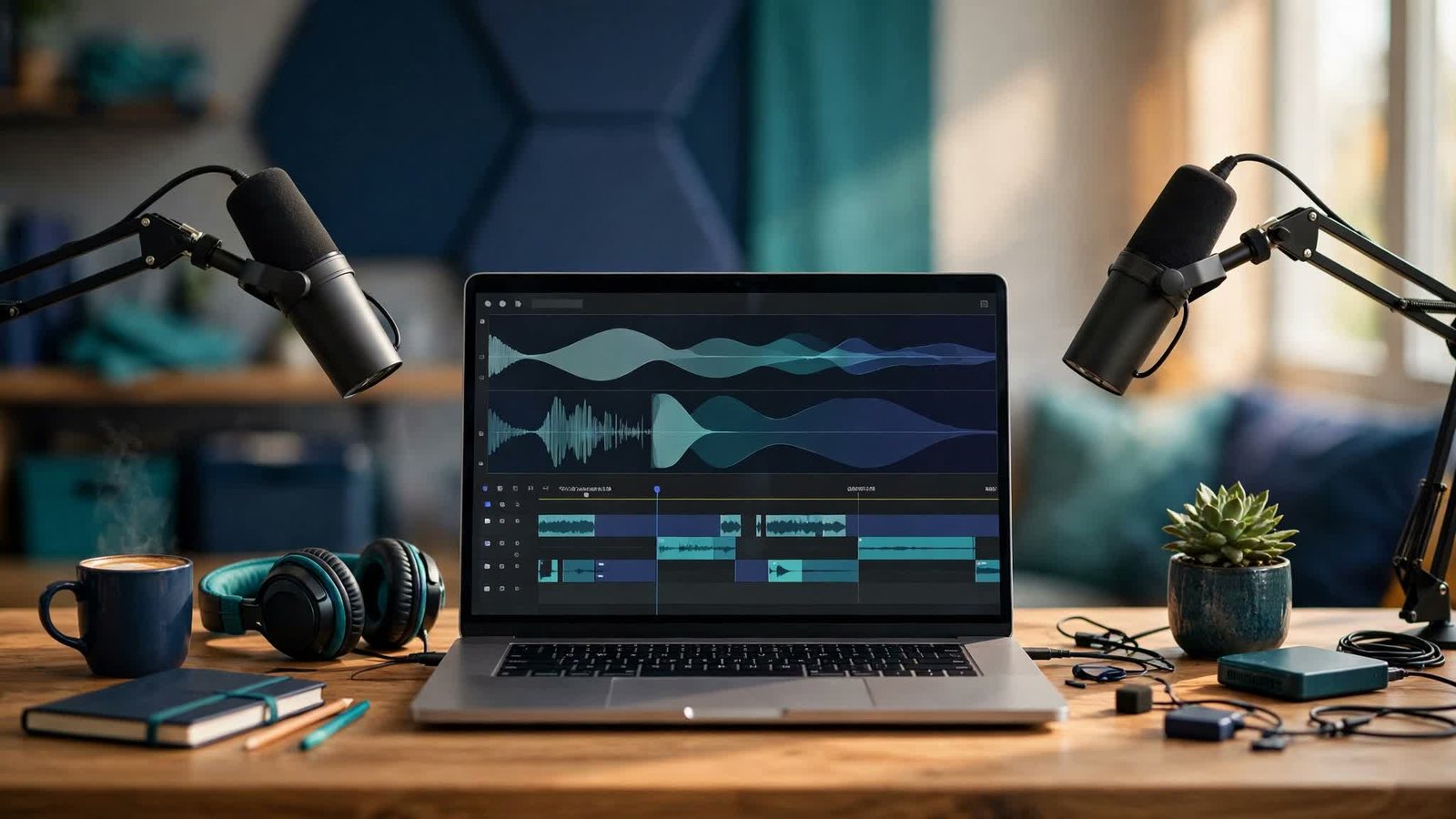 Podcast desk with two boom-arm microphones, headphones and a laptop showing an audio editing timeline in navy and teal tones