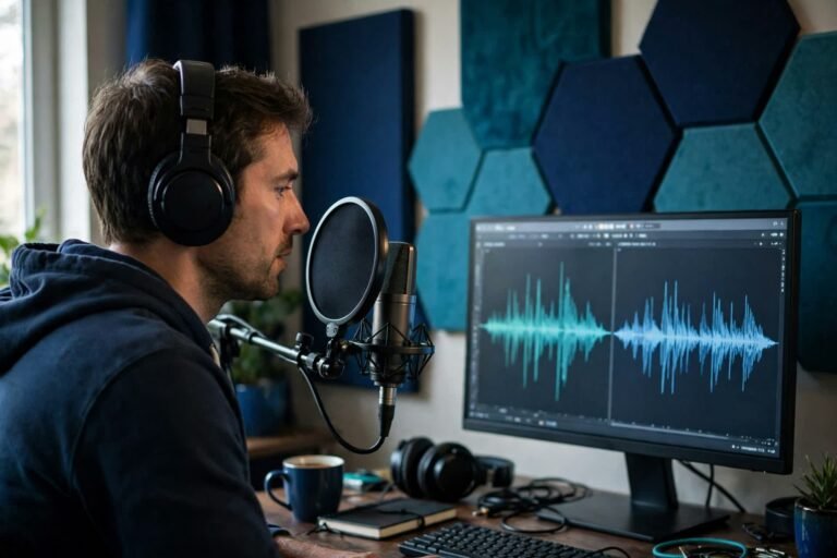 Voice creator recording narration in a home studio with a professional microphone and pop filter, two different voice waveforms side by side on a monitor in navy and teal tones