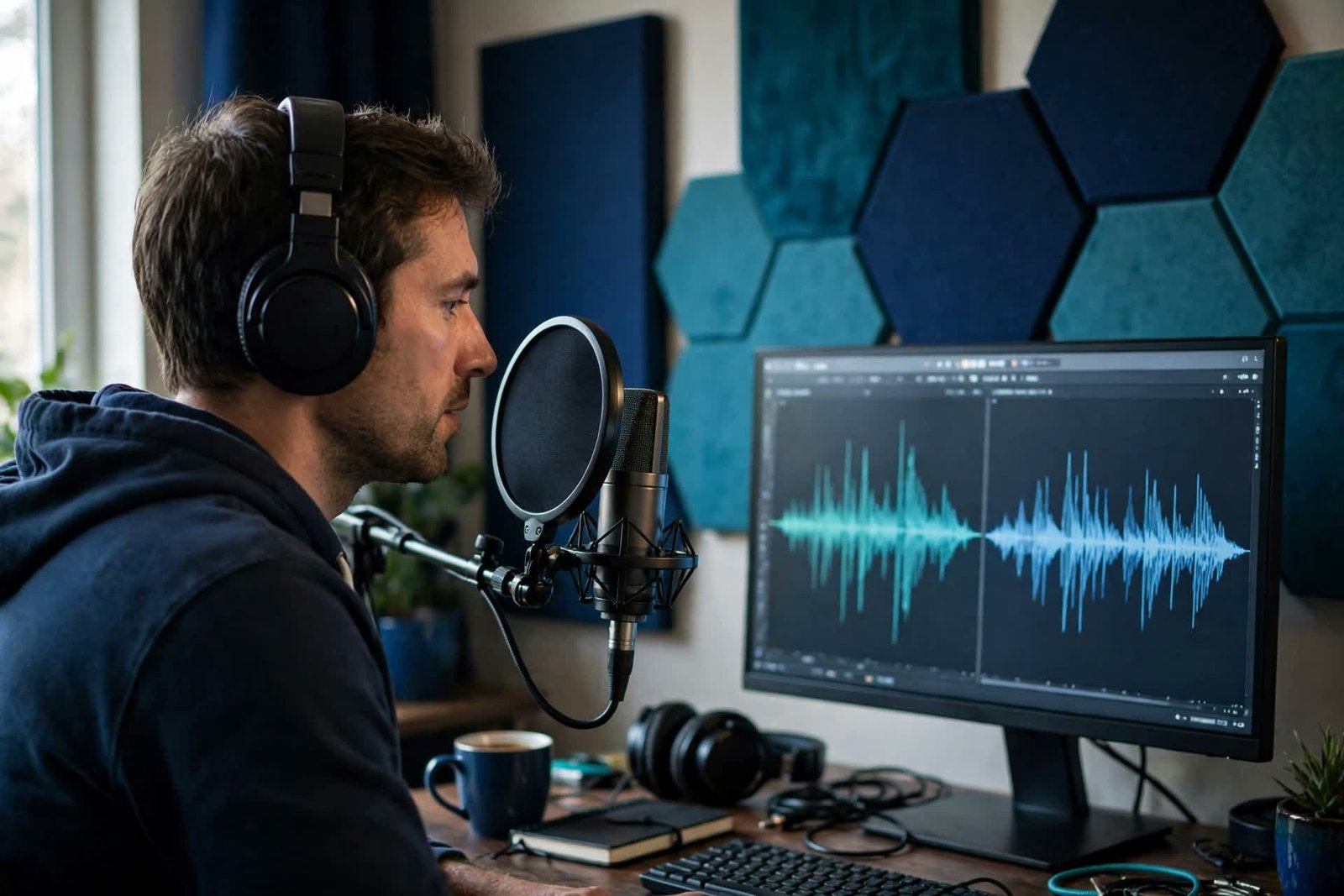 Voice creator recording narration in a home studio with a professional microphone and pop filter, two different voice waveforms side by side on a monitor in navy and teal tones