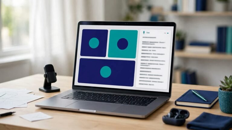 Laptop on a desk showing a video meeting with a live AI transcription panel, microphone and notebook beside it in navy and teal tones
