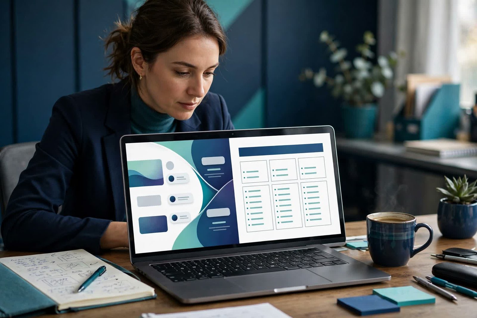 Presenter preparing sleek slides on a laptop with two deck designs side by side, one flowing web-style page layout and one classic structured slide layout, notebook and coffee in navy and teal tones