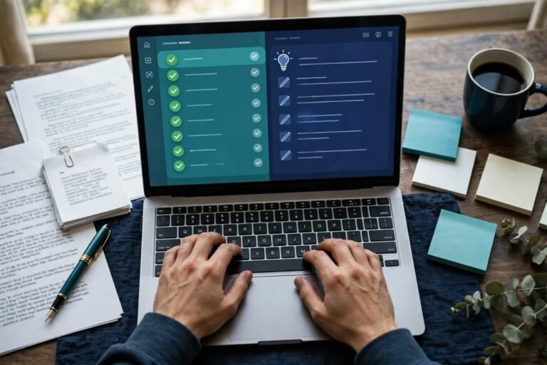 Writer polishing a sentence on a laptop with two editing assistant panels side by side, one showing grammar checkmarks and the other rewrite suggestions, fountain pen and printed pages in navy and teal tones