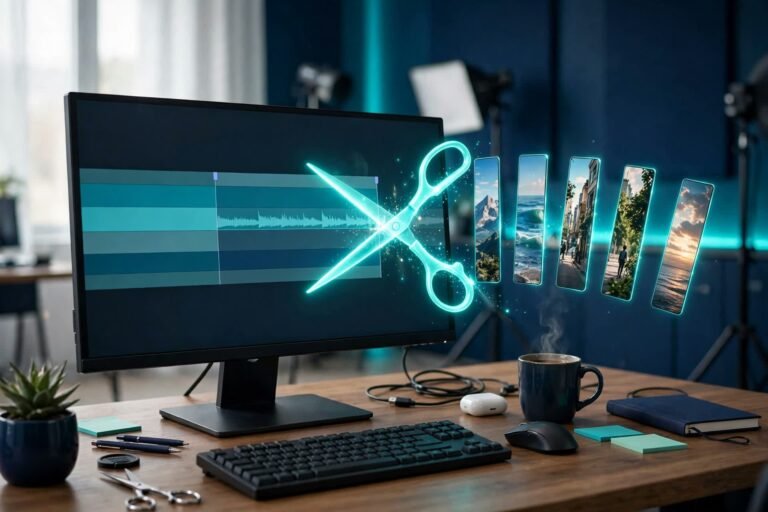 Creator's desk with a long video timeline on a monitor being sliced into several vertical phone-sized clips fanning out beside it in navy and teal tones