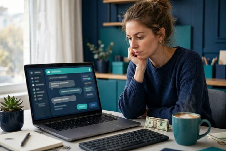 Freelancer at a desk deciding on a software upgrade, laptop with a chat interface, coffee and a banknote beside the keyboard in navy and teal tones