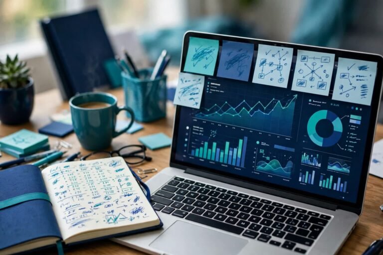 Marketing writer's desk with a laptop showing a brand content dashboard, sticky notes comparing subscription tiers on the monitor edge and a notebook with a budget calculation in navy and teal tones
