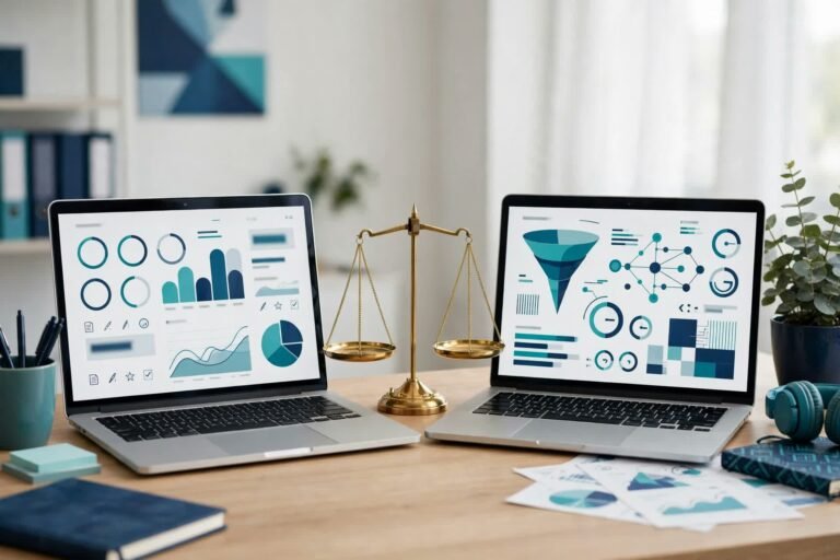 Two laptops side by side in a comparison scene, one showing a marketing writing dashboard and the other a sales workflow dashboard, with a balance scale between them in navy and teal tones