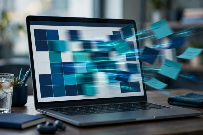 Professional calendar on a laptop screen with colorful time blocks rearranging themselves automatically, a task list beside it with items moving into calendar slots in navy and teal tones