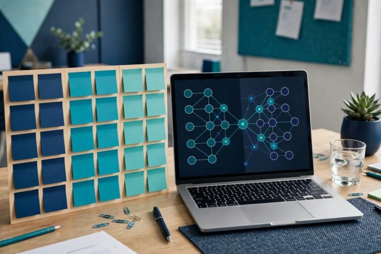 Desk with a laptop showing a node-based automation workflow canvas with branching paths and three columns of sticky notes beside it in navy and teal tones