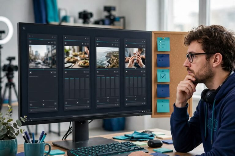 Video creator comparing several AI clipping app windows on a large monitor with vertical short clips arranged in a row, sticky notes ranking the options in navy and teal tones