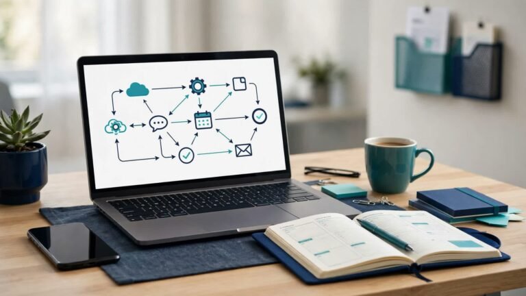 Small business desk with a laptop showing an automation workflow diagram of connected app nodes, planner, phone and coffee in navy and teal tones