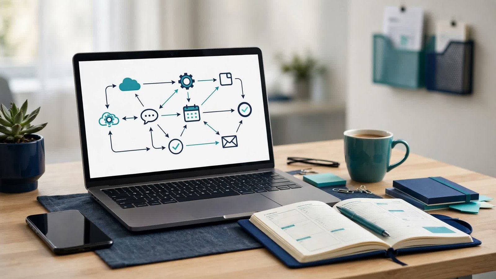 Small business desk with a laptop showing an automation workflow diagram of connected app nodes, planner, phone and coffee in navy and teal tones